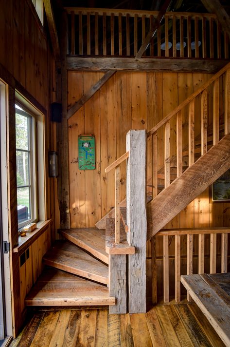 Cabin Stairs, Cottage Stairs, Rustic Staircase, Rustic Stairs, Cabin Loft, Timber Frame Barn, Log Cabin Interior, Barn Renovation, Country Barn