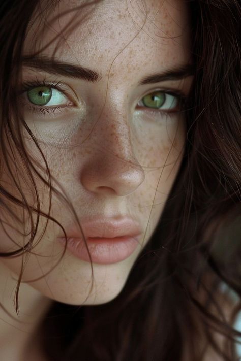 Brown Hair Green Eyes Girl, Brown Hair And Freckles, Nose Ideas, Brown Hair And Green Eyes, Black Hair Green Eyes, Warm Brown Hair, Brown Hair Green Eyes, Hair Green Eyes, Bronze Tan