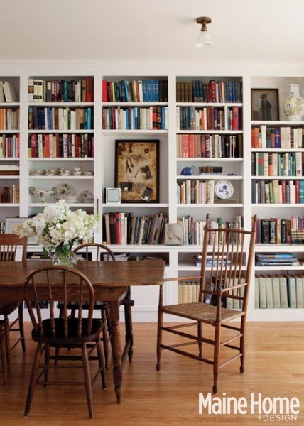 Dining Room/Library combo. This might be big enough for all their books. Just need to arrange books and curios artistically so as to not be overwhelming. Dining Room Library Combo, Room Library, Home Library Design, Dining Room Combo, Home Libraries, Library Design, Dining Room Office, Dining Room Inspiration, Studio Ideas