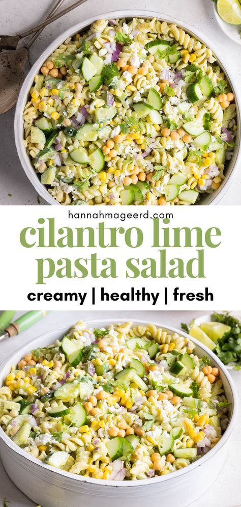 This Cilantro Lime Pasta Salad is full of fresh flavour, vibrant colours, and nourishing ingredients like chickpeas, cucumber, and corn. Everything gets coated with a creamy cilantro lime & avocado dressing made with greek yogurt for extra protein and that perfect creamy pasta salad texture. Meal prep it for a healthy lunch or serve it as a delicious warmer weather side dish! Salad Meals Healthy, Protein Summer Salad, Healthy Delicious Side Dishes, Salad Supper Ideas, Lunches To Eat Cold, Avocado Pasta Salad Recipes, Pasta Salad Recipes With Avocado, Pasta Salad For Meal Prep, Sides For Meal Prep