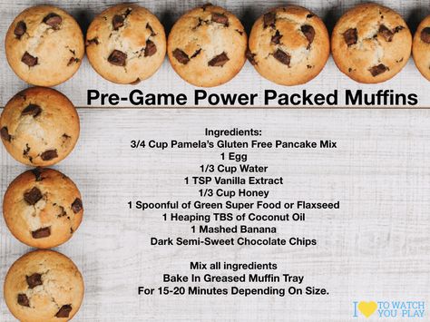 Pre-Game Power Packed Muffins! | I Love to Watch You Play Pregame Food, Gluten Free Pancake Mix, Brunch Bread, Pre Game, Sports Food, Protein Muffins, Gluten Free Pancakes, Diet Snacks, Honey Recipes