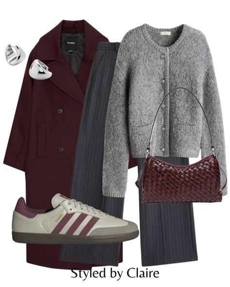 Grey & burgundy😮‍💨 Comment LINKS to shop the look in your DMs Sign up to my email club for my weekly trend report, link in bio✨ @clairebcnstyle #autumnoutfit #autumnfashion #autumnstyle #hm burgundy outfit #virtualstylist #adidas Oxblood Outfit Color Combos, Monochrome Burgundy Outfit, Burgundy Beige Outfit, Grey And Maroon Outfit, Burgundy Pants Outfit Winter, Burgundy Red Outfit, Burgundy And Beige Outfit, Gray And Burgundy Outfit, Burgundy Purse Outfit