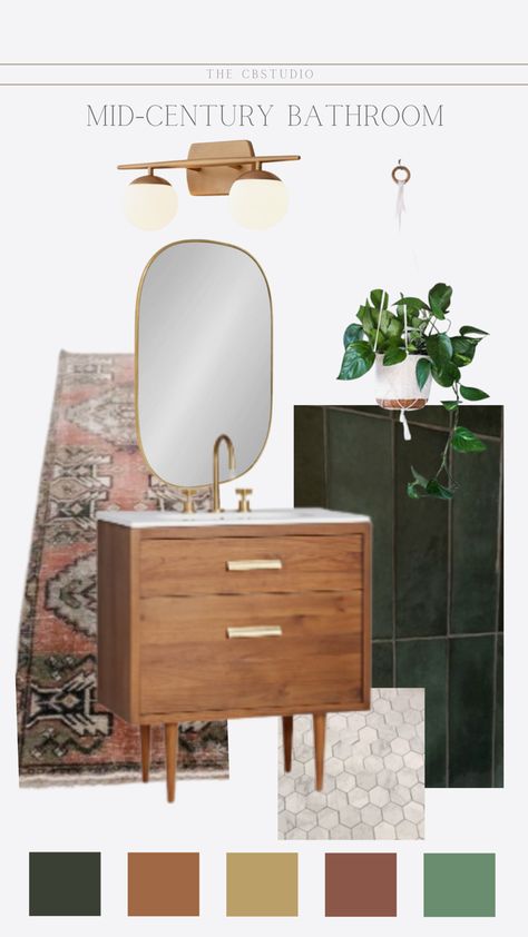 Mid Century Modern Green Bathroom, Midcentury Double Vanity, Half Bathroom Mid Century Modern, Mcm Small Bathroom, Mid Century Half Bath, Green Bathroom Mood Board, Mcm Bathroom Ideas, Midcentury Bathroom Design, Bathroom Mixed Metals