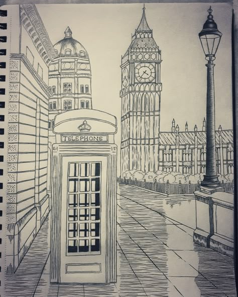 Sketch Of Place, London Architecture Drawing, City Drawing Pencil, London Drawing Sketches, Drawing Ideas City, London Art Drawing, Landmark Drawing, Big Ben Drawing, Cityscape Sketch