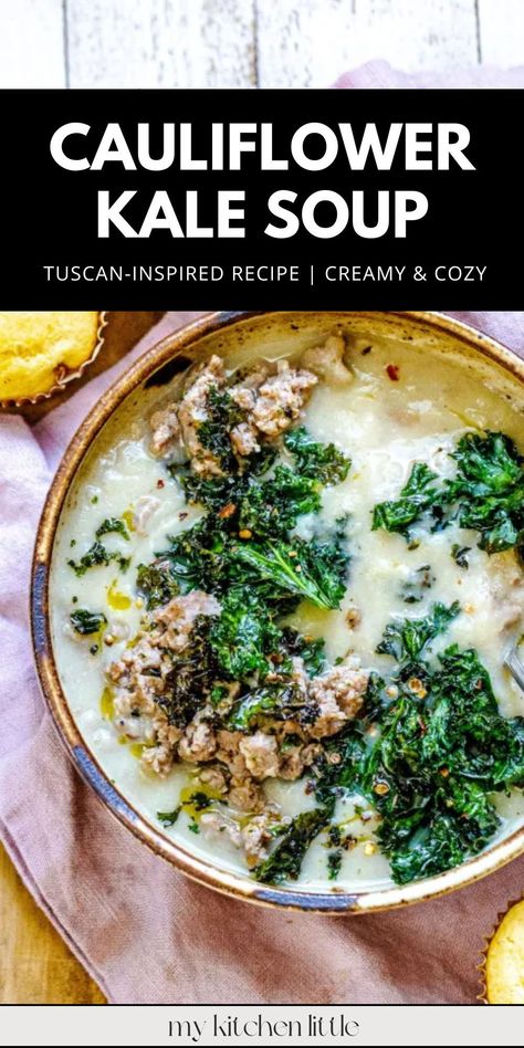 This creamy cauliflower and sausage soup is packed with flavor! Made with savory Italian sausage, hearty cauliflower florets, and topped with crispy kale chips, it’s an easy, cozy, and comforting dish. This simple recipe delivers a delicious Tuscan-inspired soup perfect for fall dinners. Save this pin to your "Creamy Cauliflower Soup" board for a healthy, irresistible dinner idea! Cauliflower Sausage, Crunchy Kale, Zuppa Soup, Soup Recipe Easy, Soup With Kale, Sausage And Kale Soup, Crispy Kale, Sausage Soup Recipes, Sausage Kale