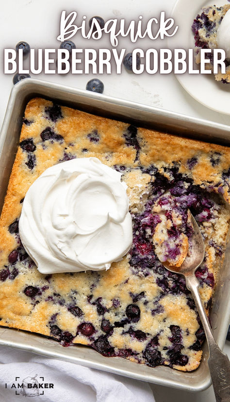 a square silver pan has blueberry cobbler with whipped cream on it and a silver spoon next to it. the pan is on a white countertop. Bisquick Blueberry Cobbler, Fresh Blueberry Cobbler, Cobbler With Bisquick, Cobbler Cake, Blueberry Cobbler Recipe, Best Grill Recipes, Easy Blueberry Cobbler, Blueberry Cobbler Recipes, Comfort Desserts