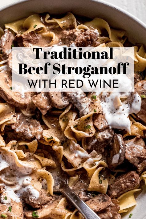 Authentic Beef Stroganoff Recipe, Stroganoff Recipe Easy, Recipe With Red Wine, Classic Beef Stroganoff Recipe, Steak Stroganoff, Traditional Beef Stroganoff, Homemade Beef Stroganoff, Best Beef Stroganoff, Beef Cubes