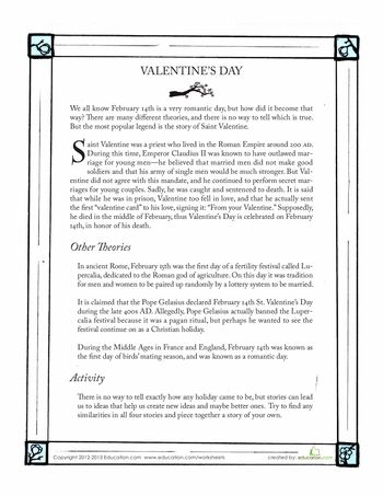 Worksheets: History of Valentine's Day  middle school Valentines Craft Middle School, Valentines Middle School, Valentines High School, History Of Valentines Day, History Of St Valentine, Valentine Worksheets, Valentines Day History, Valentine History, Math Valentines