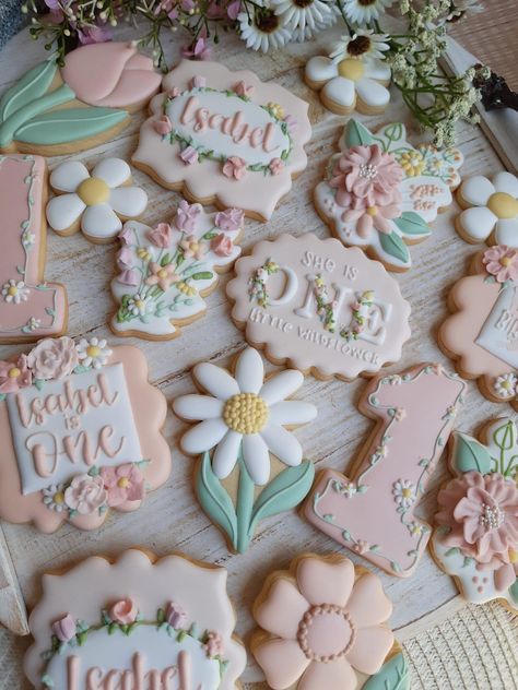 1st Birthday Royal Icing Cookies, Wildflower Cookies First Birthday, Wildflower Birthday Cookies, Fairy First Birthday Cookies, Flower Birthday Cookies, Wildflower Cookies, Wildflower Birthday Party, Tea Party Cookies