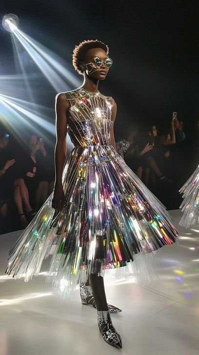 A model exhibits a striking, avant-garde dress made of reflective metallic strips at a fashion show. She commands the runway with poise and determination, lit dramatically by beams of light that heighten the futuristic vibe of her attire. The ensemble, complemented by stylish, dark sunglasses and tall, sleek boots, symbolizes a bold statement in contemporary fashion design. Fashion Show 2024/2025, Brutalism Fashion, Robotic Fashion, Future Fashion Futuristic, Futuristic Fashion Aesthetic, Avant Garde Fashion Couture, Architecture Inspired Fashion, Futuristic Fashion Women, Neon Streetwear