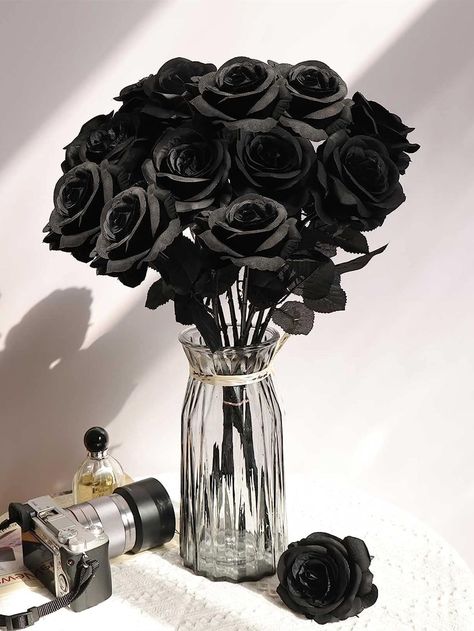 10Pack Artificial Black Flowers Roses Fake Silk Flower With Long Stem for Home Wedding Party Halloween Outdoor Gothic Goth DecorI discovered amazing products on SHEIN.com, come check them out! Gothic Party Decorations Diy, Gothic Birthday Decor, Diy Black Roses, Gothic Garden Party, Goth Birthday Party Decorations, Romantic Goth Decor, Rip 20s Birthday Party Decor, Goth Party Decorations, Gothic Party Decorations