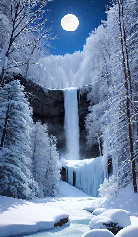 Winter Scenes Wonderland, Winter Photography Nature, Winter Wonderland Wallpaper, Frozen Forest, Waterfall Background, Frozen Waterfall, Beautiful Winter Pictures, Winter Christmas Scenes, Beautiful Winter Scenes