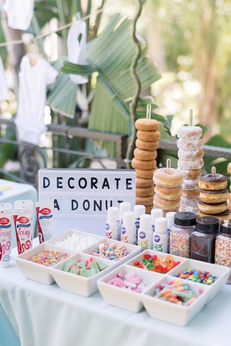 Boho Donut Birthday Party, Donut Table Centerpiece, Three Year Old Donut Party, Donut Birthday Party Food, Donut Brunch, Donut Station, Sweet One First Birthday, Donut Theme Party, Doughnut Party