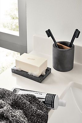 Saco Concrete Toothbrush Holder - Modern Bath Countertop Accessories - Modern Bath Furniture - Room & Board Industrial Bathroom Decor, Concrete Mix Design, Counter Top Accessories, Countertop Decor, Countertop Organization, Shabby Chic Bathroom, Living Room Accent Tables, Modern Baths, Soap Tray