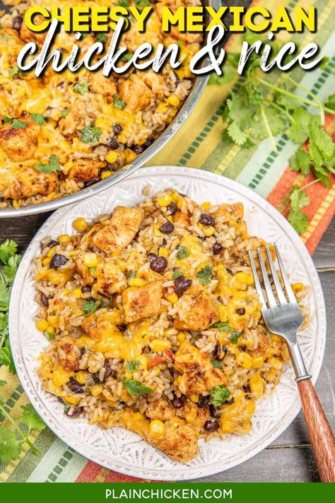 Cheesy Mexican Chicken and Rice Recipe - Tender chicken seasoned with taco spices, black beans, corn instant rice, and salsa verde come together in a skillet for a hearty, one-pan meal. Topped with melted cheese and garnished with fresh cilantro, this dish is bursting with vibrant flavors. Perfect for a family meal or meal prep! Cheesy Mexican Chicken And Rice, Mexican Food Recipes Chicken, Cheesy Mexican Chicken, Slow Cooked Chicken Breast, Taco Spices, Plain Chicken Recipe, Mexican Dinners, Chicken Mexican, Rice Meals