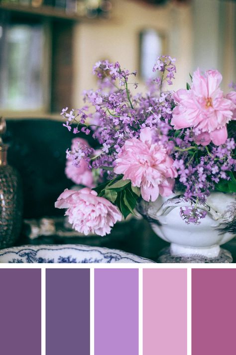 This floral arrangement features a classic purple pink color palette, with soft pink peonies complemented by tiny purple blossoms, giving a romantic and vintage atmosphere. Light Pink And Purple Color Palette, Purple Pink Color Palette, Pink Purple Color Palette, Pink And Purple Color Palette, Rnb Vibes, Color Scheme Generator, Purple Color Palette, Pink Color Palette, Purple Pink Color