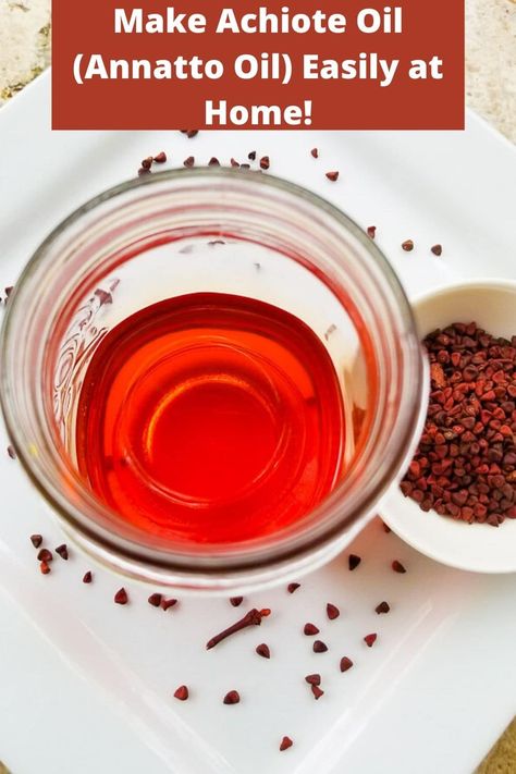 Easily make Annatto Oil (Achoite Oil) Aceite de Achiote at home and learn all of it uses! Once you have learned how easy it is to make this beautiful food color condiment, you will be able to have it readily available to make such foods as pasteles, empanadillas, alcapurrias or even to color your soups, stews, rice, beans and meats. #annattooil #achioteoil #foodcolorant Annatto Oil Recipe, Achiote Oil Recipe, Puerto Rican Chicken Stew, Achiote Oil, Latin Dishes, Latin Kitchen, Dry Rub Recipes, Mexican Appetizers, Puerto Rico Food