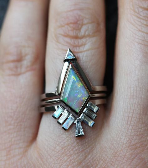 Opal Engagement Ring Set Moonstone & Diamond Wedding Bands | Etsy Australia Kite Ring, Opal Engagement Ring Set, Triangle Jewelry, Australian Opal Ring, Opal Engagement Ring, Fire Opal Ring, Gold Gemstone Ring, Magical Jewelry, Opal Engagement