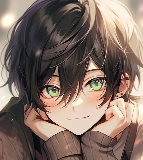 Brown Hair And Green Eyes, Boy With Brown Hair, Black Hair Anime Guy, Anime Brown Hair, Neko Boy, Anime Show, Anime Black Hair, Retro Anime, Japon Illustration