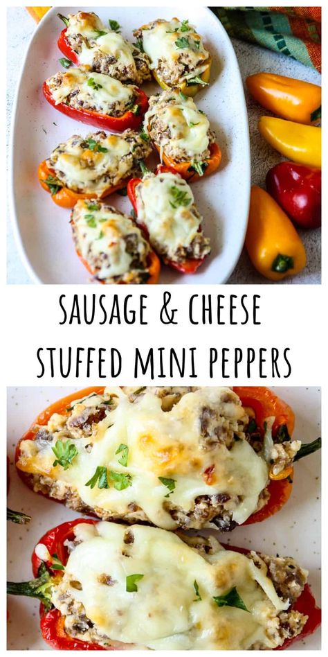 Sausage stuffed mini peppers filled with cream cheese and Italian sausage and topped with melted mozzarella. A delicious, easy appetizer or side dish that's ready in 30 minutes. Sausage Stuffed Mini Peppers, Mini Peppers, Quick Pasta Recipes, Stuffed Mini Peppers, Sausage And Peppers, Savory Appetizer, Dinner Recipes Easy Quick, Quick Dinner Recipes, Easy Appetizer Recipes