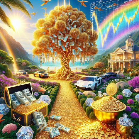 "An AI generated opulence: Golden tree blooming banknotes, diamonds spilling from treasure chests, a pot overflowing with gold at the rainbow's end, a bullish stock market graph in the sky. A mansion in lush garden, luxury cars parked, path lined with gold coins. #WealthManifestation #Abundance #Prosperity #Luxury #FinancialFreedom #Riches. Learn more about manifesting wealth in the link below." Abundance Painting, Affirmation Songs, Garden Luxury, Treasure Chests, Lucky Wallpaper, Attracting Abundance, Emotional Freedom Technique (eft), Golden Tree, Emotional Freedom Technique