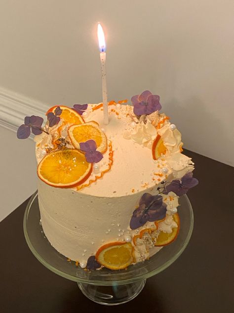 Orange Cake Aesthetic, Lemon Themed Cake, Artsy Cake, Minimalistic Cakes, Single Layer Cake, Mandarin Cake, Birthday Pancakes, Single Layer Cakes, 21st Cake