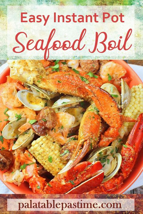 Easy Instant Pot Seafood Boil yummy crab along  with lobster, shrimp, clams, corn, potatoes and spicy sausage in a garlic butter beer  sauce. via @suelau1 Instant Pot Seafood, Crab Boil Recipe, Shrimp And Crab Boil, Cajun Seafood Boil, Lobster Boil, Butter Beer, Cajun Seafood, Seafood Boil Recipes, Easy Seafood