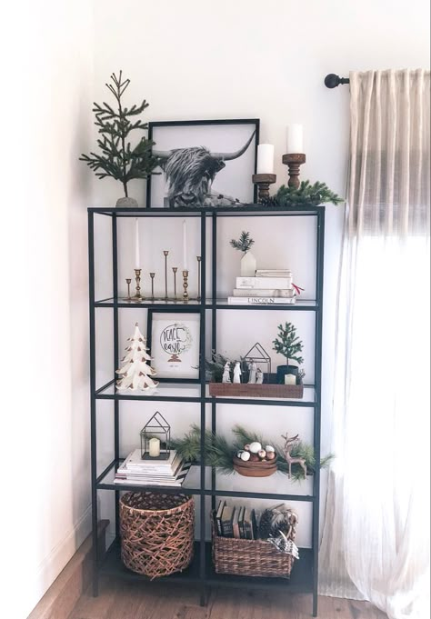 Vittsjo Styling, Vittsjo Shelves Living Room, Ikea Vittsjo Shelves Styling, Christmas Shelf Styling, Christmas Shelf Decor, Ikea Vittsjo, Tv Wall Ideas, Christmas Shelf, Shelf Decor Living Room