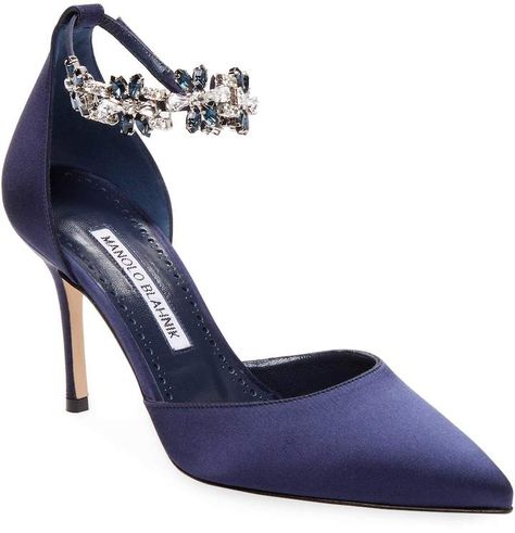 Manolo Blahnik Women's Embellished d'Orsay Sandal Navy Blue Heels Wedding, Dark Blue Heels, Blue Satin Shoes, Navy Blue High Heels, Blue Heels Wedding, Blue Shoes Heels, Navy Blue Heels, Manolo Blahnik Sandals, High Heels For Prom