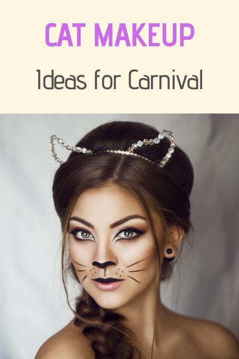 How To Draw Cat Nose Makeup, Face Make Up Halloween Ideas, Cat Face Costume, Kitty Cat Face Makeup, Cat Face Costume Make Up, Makeup For Cat Costume, How To Do Cat Makeup For Halloween, Cat Costume Face Makeup, Womens Cat Makeup