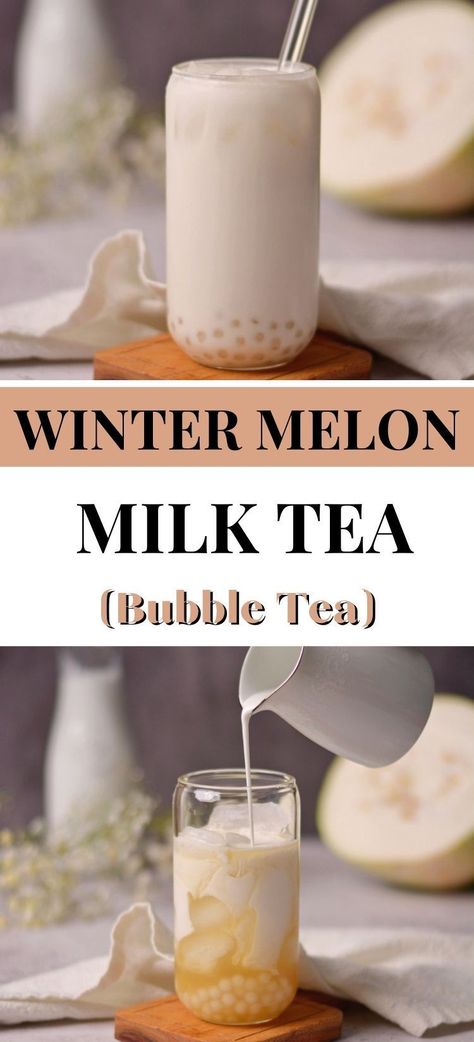 Winter Melon Milk Tea is made with earthy jasmine green tea, creamy oat milk, and crisp winter melon. It is ready in 10 minutes and can be enjoyed hot or cold! Honeydew Milk Tea Recipe, Winter Melon Milk Tea, Vegan Milk Tea, Jasmine Milk Tea, Winter Melon Tea, Jasmine Milk Tea Recipe, Boba Smoothie, Melon Tea, Melon Milk