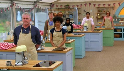 Great British Baking Show. Natural counters, blue and green, touches of copper. British Bake Off Party, Great British Baking Show Aesthetic, Great British Bake Off Party, Great British Baking Show Funny, Great British Baking Show, Paul Hollywood Recipes, Rough Puff, Rough Puff Pastry, Pot Pie Filling