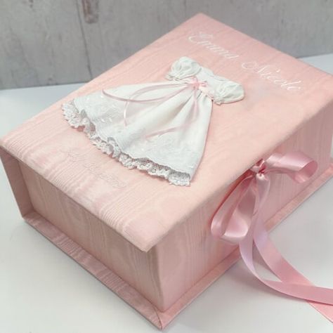 Medium Baby Keepsake Box in Moiré with Swiss Batiste Dress Batiste Dress, We Are Golden, Baby Keepsake Box, Dress Trims, Baby Sleep Sack, Baby Box, Satin Ribbons, Quartz Sphere, Baby Keepsake