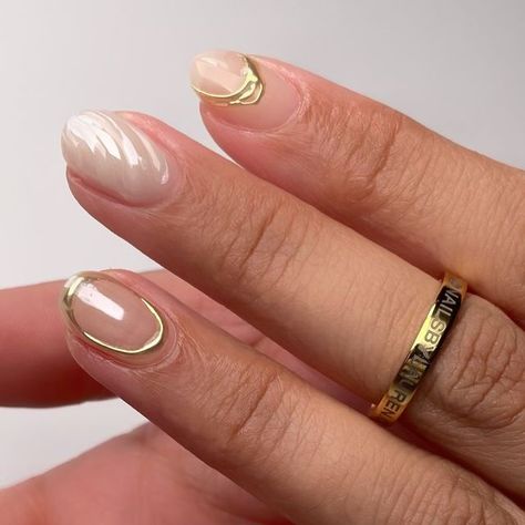 Lauren on Instagram: "Chrome and 3D gel will always be an elite combo 🤝 • • • • #nailinspo #nails #3dnails #chromenails #goldnails #milkywhitenails #shortnails #nycnails #njnailtech #geloverlay" Nails With Gold Chrome, 3d Chrome Nails, White Nails With Gold, Nails With Gold, 3d Chrome, Nyc Nails, Gel Overlay, Gold Chrome, Chrome Nails