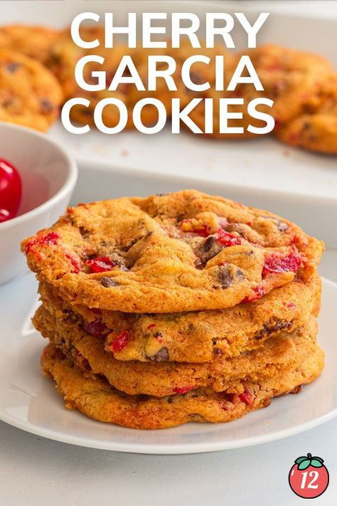 These Cherry Garcia Cookies will remind you of the ice cream while still filling you up with that warm, crumbly, cookie goodness. With maraschino cherries, chocolate chunks, almond extract, and lots of other goodies, the whole family will eat these right up! Cherry Garcia, Tomatoes Recipes, 12 Tomatoes Recipes, Cherry Ice Cream, Maraschino Cherries, Cherry Desserts, Unique Cookies, Almond Extract, 12 Tomatoes