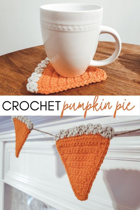 Thanksgiving Crochet - Crochet Pumpkin Pie Garland - Heather Corinne Crochet Pie Slice Free Pattern, Crochet Pie Slice, Pumpkin Pie Garland, Crochet Pumpkin Pie, Pie Garland, Crochet Bunting Pattern, Thanksgiving Crochet Patterns, Fall Crochet Projects, Crochet Fall Decor