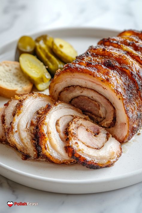 Polish Pork Belly Roll recipe (Boczek Zawijany) is a traditional meat dish often enjoyed cold, on sandwiches or during festive occasions. Lazy Pierogi, Pork Leg Recipes, Onion Powder Recipe, Rolled Roast, Belly Roll, Polish Traditions, Meat Dish, Homemade Dumplings, Polish Food