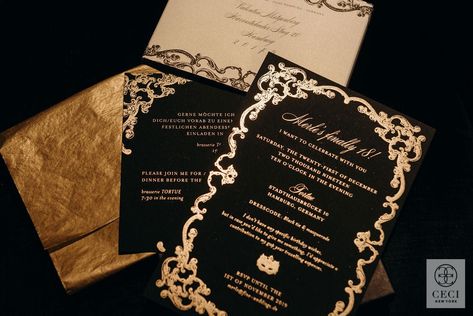 Black Tie Invitation, Masquerade Birthday Party, 18th Century France, Masquerade Theme, Gold Tissue Paper, Masked Ball, Baroque Design, Black Invitation, Event Branding