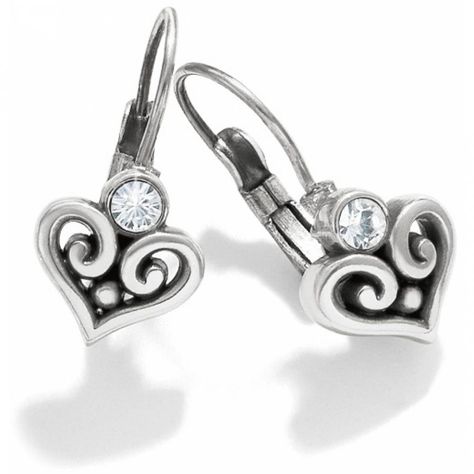 Featuring Swarovski crystals atop swirly filigree hearts, these sweet silver-plated earrings are perfectly Brighton in every way. Width: 3/8" Type: French Wire Lever Back Drop: 3/8" Material: Swarovski crystal Finish: Silver plated, Gun Metal Cremation Jewelry Ring, Earrings Outfit, Peace Necklace, French Wire Earrings, Memorial Ring, Brighton Jewelry, Leverback Earrings, French Wire, I Love Jewelry