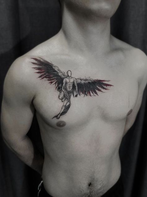 Angle Tattoo For Men, Angle Tattoo, Chest Tattoo Drawings, Fallen Angel Tattoo, Masculine Tattoos, Timeless Tattoo, Tattoo Dotwork, Clever Tattoos, The Fallen Angel