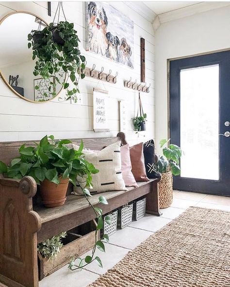 Take a seat and enjoy the 🌿&🌞! Laney’s entryway and church pew have to be in my all time top 10! The mix of 🌱 🖤 ☀️ 🌳! Gorgeous every single time! Be sure to take advantage of THE FINAL DAYS OF OUR FARMHOUSE FLASHSALE... up to 5O% off STOREWIDE! Shipping is always free. Shop Laney’s Pine & Birch Curated Collection, exclusively at Painted Fox Home! All sorts of beautiful awaits you! PaintedFoxHome.com Entry Way Storage Bench, Farmhouse Mudroom, Church Pews, Farmhouse Entryway, Entryway Bench Storage, Church Pew, Deco Nature, Bench Decor, Farmhouse Ideas