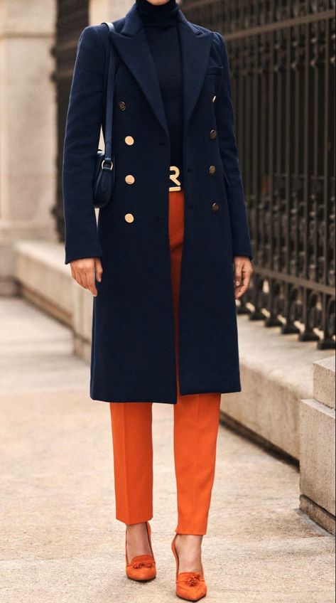 Navy Blue And Orange Outfit, All Navy Outfit, Navy Blue Jacket Outfit, Navy Blue Coat Outfit, Navy Jacket Outfit, Navy Coat Outfit, Womens Suit Outfits, Extreme Confidence, Blue Coat Outfit