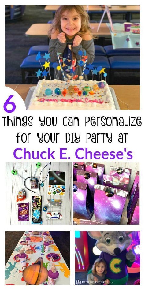 Throwing a party at Chuck E. Cheese's but want to give it a more personalized look and feel? Here are 6 things you can do to make your party feel like a DIY birthday party without losing your mind! #ChuckECheeses #ChuckECheeseBirthday #DIYBirthday #ChuckECheesesParty #CustomBirthdayparty #Outerspace #Outerspacebirthday Chuckie Cheese Birthday Party Table, Chucky Cheese Birthday Party, Cheese Party Decorations, Chuck E Cheese Birthday Party, Cheese Birthday Party, Chucky Cheese, Chuck E Cheese Birthday, Birthday Hacks, 3rd Birthday Party For Boy