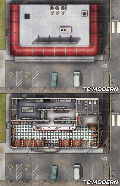 Click the link to download & find out more. #tomcartos #modern #tcmodern #battlemap #map #ttrpg #dnd #rpg #pathfinder #dungeons #dragons #5e #d&d #free #retro #diner #cafe #restaurant Modern Diner, D20 Modern, Modern Warehouse, Map Sketch, Modern Coffee Shop, Fantasy City Map, Call Of Cthulhu Rpg, Fantasy Map Making, Dragons 5e