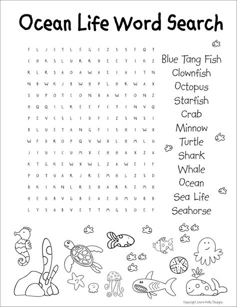 Ocean Life Wordsearch Laura Kelly Ocean Themed Reading Activities, Ocean Worksheets For 2nd Grade, Ocean Theme Worksheets, Ocean Word Search, Ocean Worksheets, Sea Life Aquarium, Ocean Words, Scuba Vbs, Ocean Theme Preschool