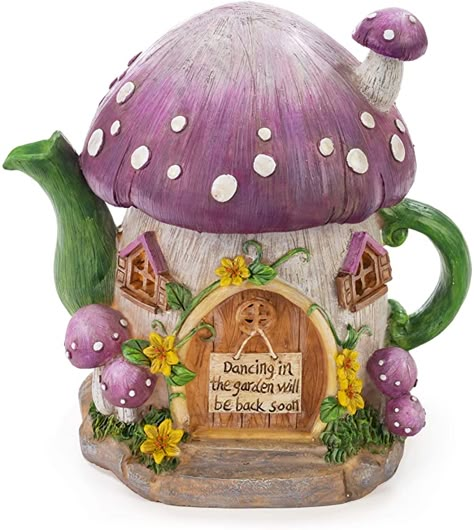 Mushroom Teapot, Solar House Lights, Backyard Party Decorations, Clay Fairy, Clay Fairy House, Fairy Homes, Fairy Statues, Led Garden Lights, Miniature Gardens