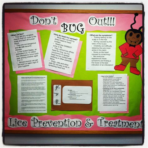 School nurse lice bulletin board. #aschoolnurselife #rn #bulletinboard Nurse Bulletin Board, School Nurse Office Decorations, Health Bulletin Boards, Nurse Office Decor, College Bulletin Boards, School Nurse Office, Nursing Fun, Office Board, School Nursing