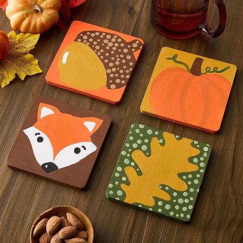 Fall Wooden Coasters Fall Painting Crafts For Adults, Fall Coasters Diy, Diy Wood Coaster Ideas, Hand Painted Coaster Ideas, Adult Fall Crafts, November Crafts For Adults, Wooden Coasters Diy, Fall Coasters, Crafts 2024