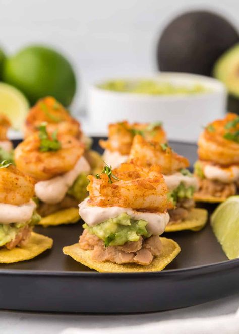 These Mini Shrimp Tostadas are a bite-sized appetizer version of the popular Mexican dish but baked! They are also gluten-free and could easily be made vegetarian OR with chicken! Mexican Appetizer, Shrimp Tostadas, Cooked Shrimp, Mexican Appetizers, Mexican Dish, Shrimp Appetizers, Shrimp Tempura, Corn Tortilla, Healthy Shrimp