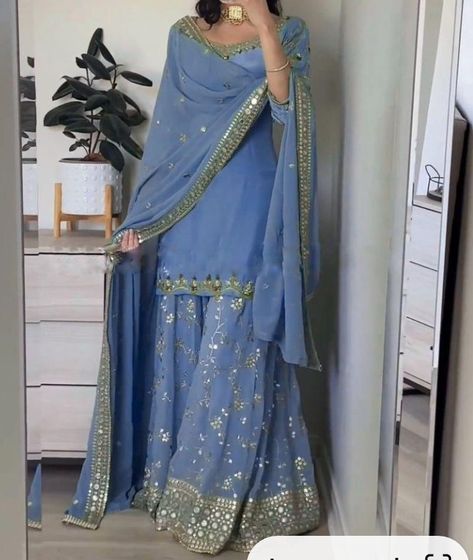 Outfits For Haldi, Blue Sharara, Outfits Traditional, Punjabi Suit Design, Ethnic Kurti, Suit Punjabi, Bridal Suit, Desi Attire, Punjabi Suits Designer Boutique